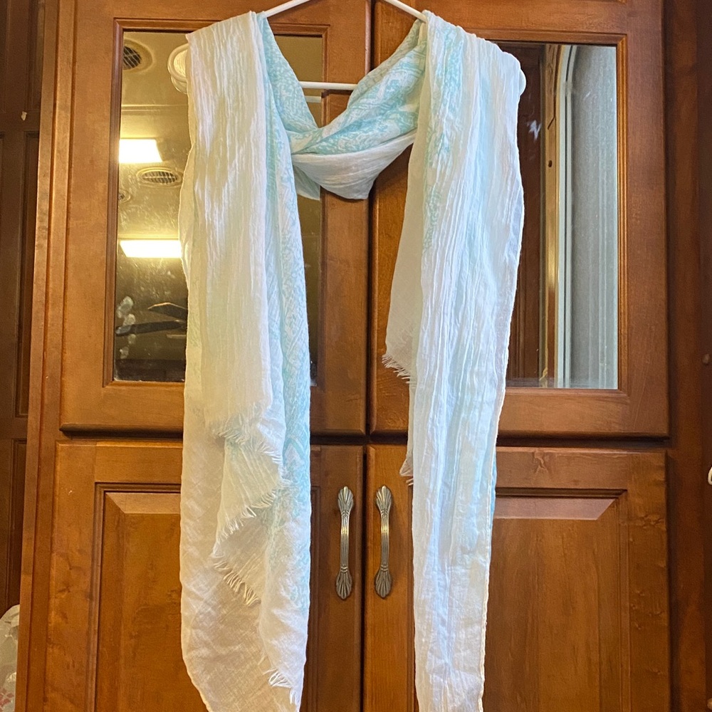 White & Light Blue Sheer Scarf with Heritage Scene Cottagecore Prairie Fall